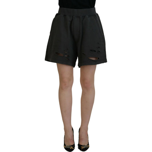 Black Cotton Mid Waist Tattered Tapered Shorts