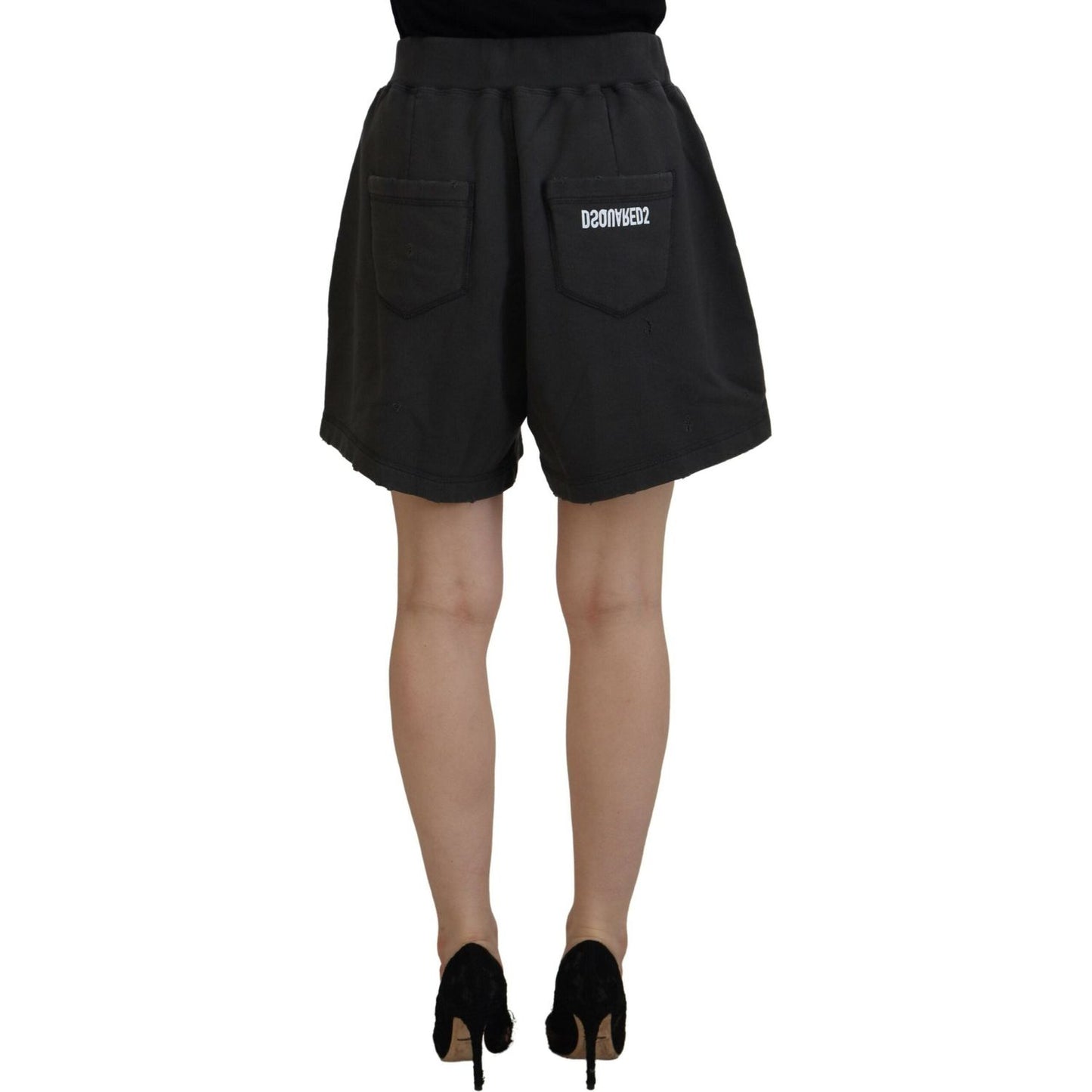 Dsquared² Black Cotton Mid Waist Tattered Tapered Shorts black-cotton-mid-waist-tattered-tapered-shorts