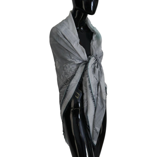 Costume National Chic Designer Grey Scarf with Fringes gray-print-shawl-foulard-fringes-scarf