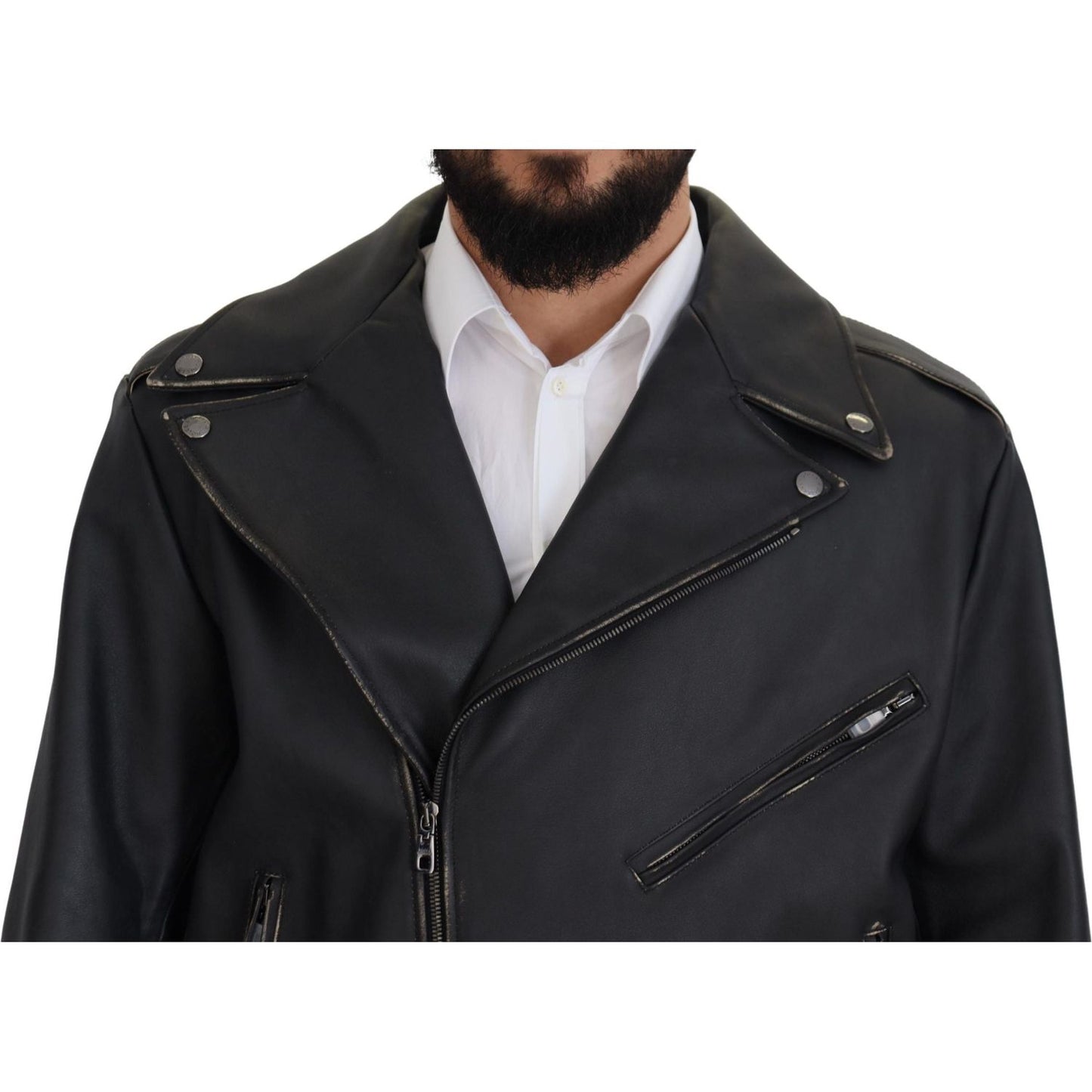 Dolce & Gabbana Elegant Black Leather Biker Jacket black-leather-biker-coat-zipper-jacket