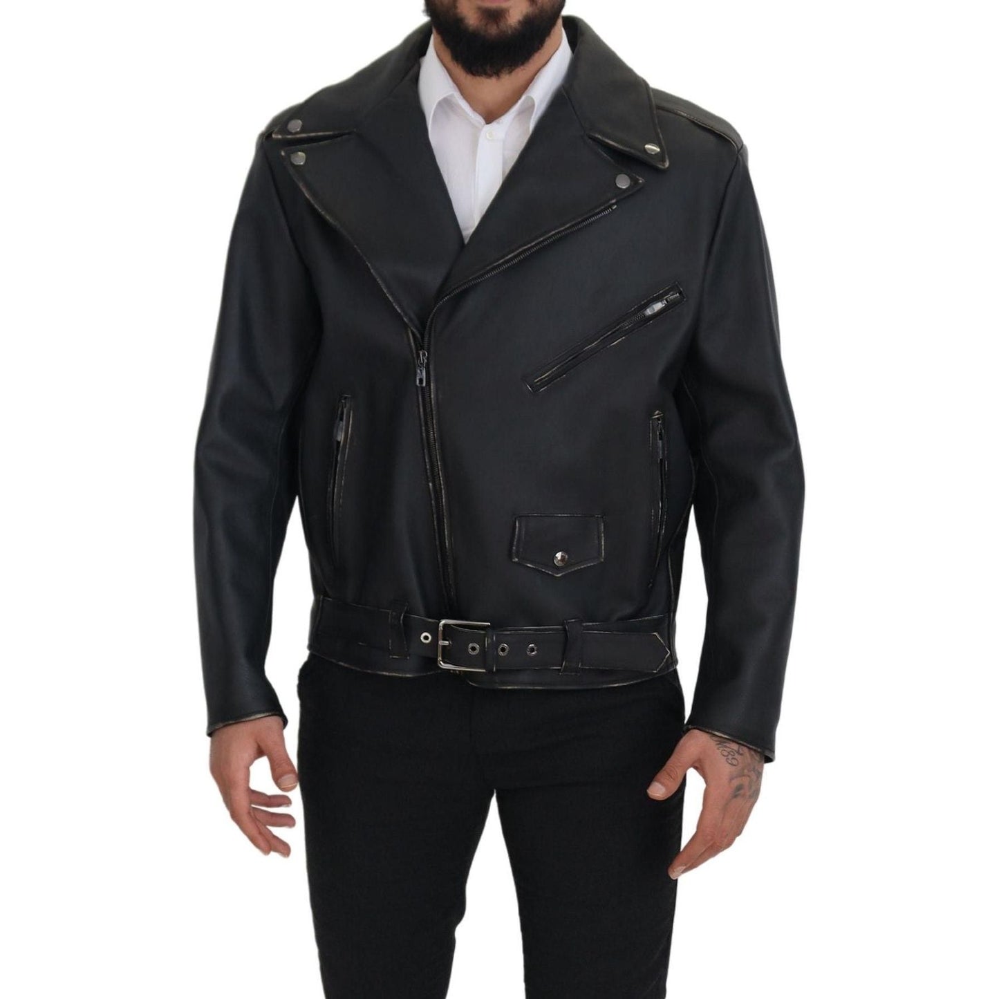 Dolce & Gabbana Elegant Black Leather Biker Jacket black-leather-biker-coat-zipper-jacket
