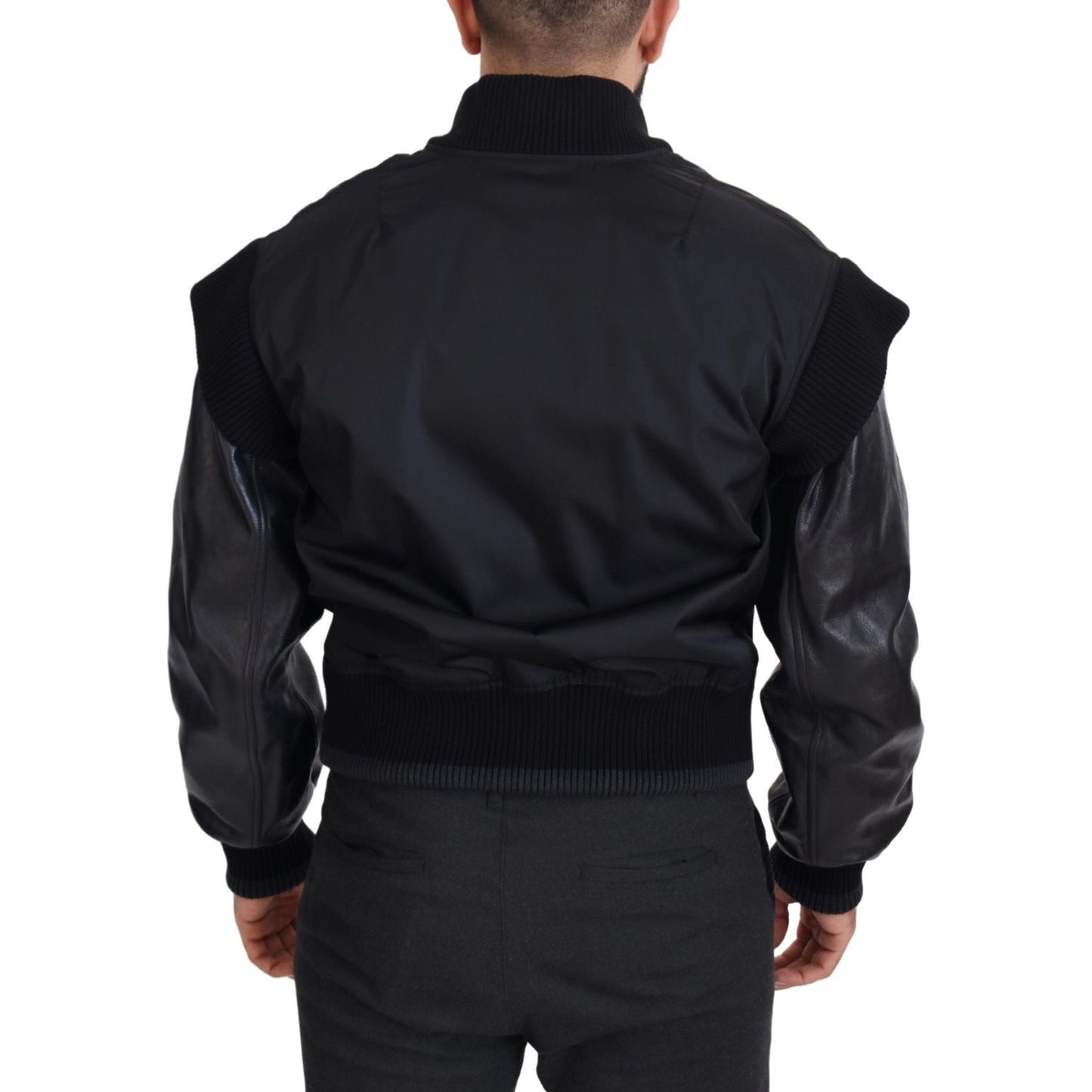 Dolce & Gabbana Elegant Black Crystal-Embellished Bomber Jacket black-nylon-crystals-coat-buttons-jacket