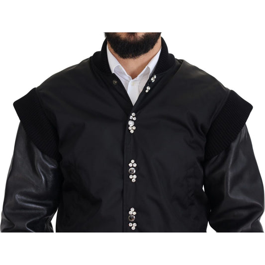 Dolce & Gabbana Elegant Black Crystal-Embellished Bomber Jacket black-nylon-crystals-coat-buttons-jacket