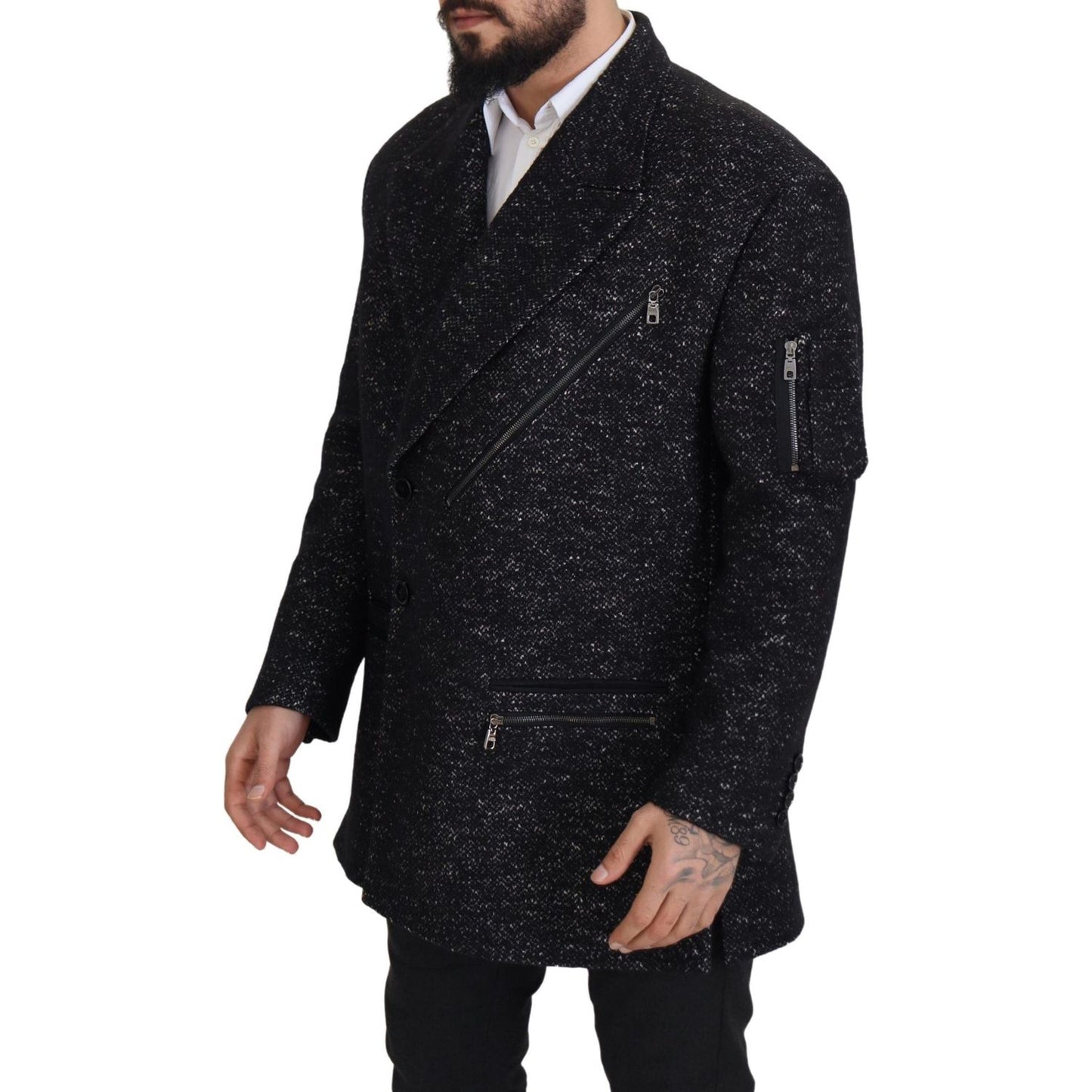 Dolce & Gabbana Sleek Patterned Wool Double Breasted Jacket black-wool-double-breasted-coat-men-jacket-1