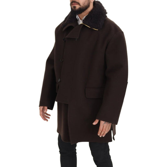 Dolce & Gabbana | Elegant Dark Brown Shearling Coat Jacket| McRichard Designer Brands   