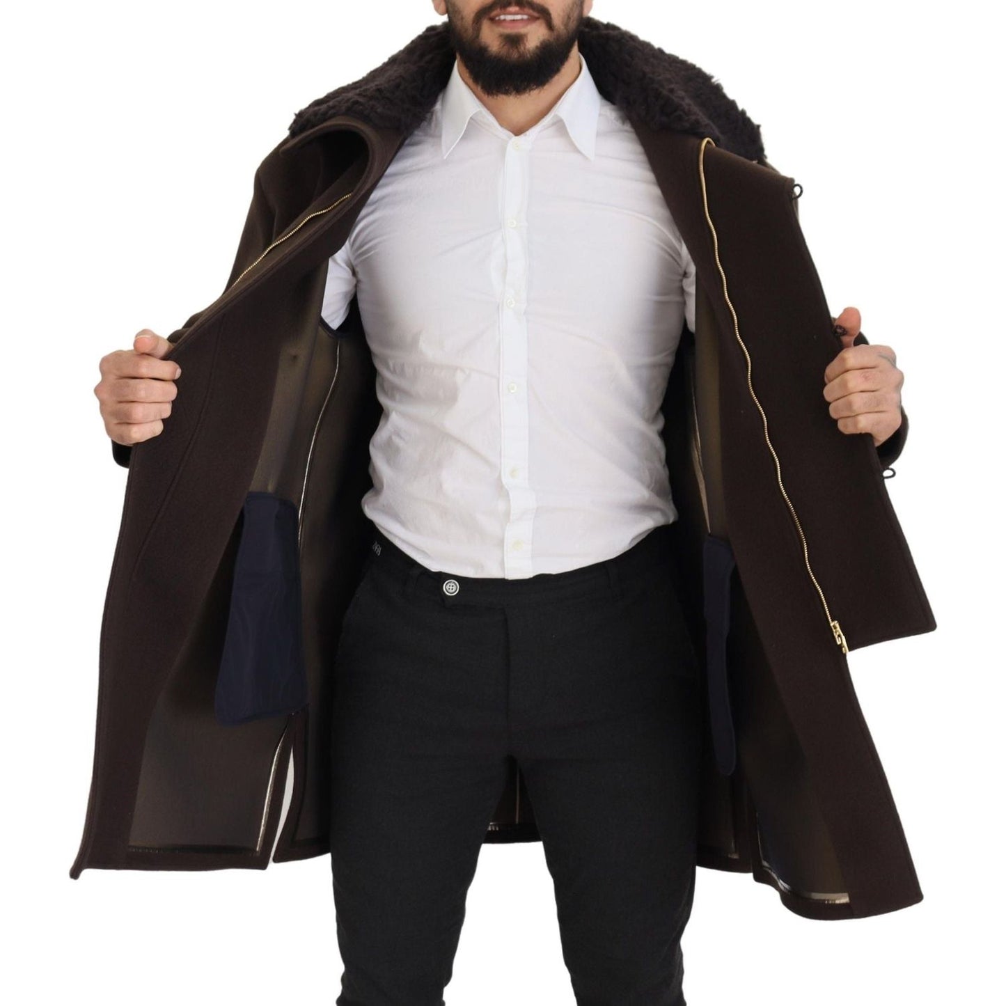 Dolce & Gabbana | Elegant Dark Brown Shearling Coat Jacket| McRichard Designer Brands   