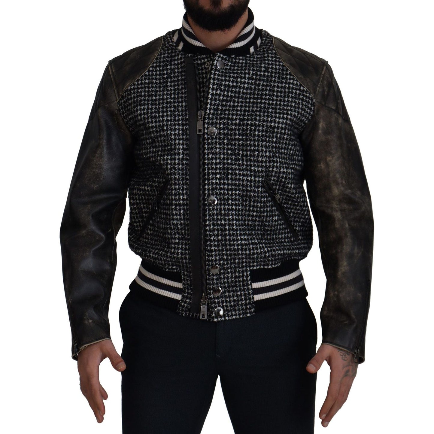 Dolce & Gabbana Multicolor Houndstooth Leather Bomber Jacket black-houndstooth-polyester-bomber-jacket