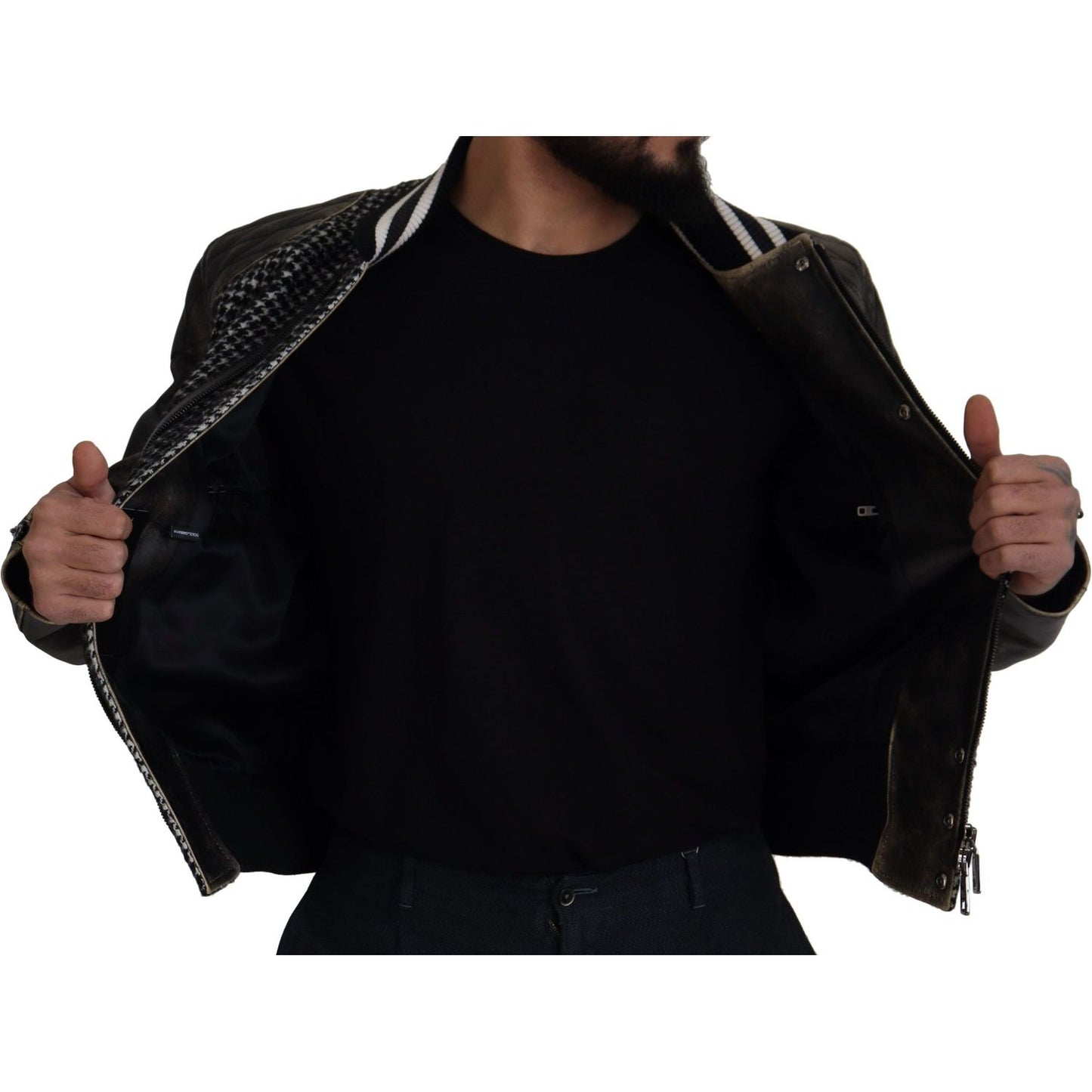 Dolce & Gabbana Multicolor Houndstooth Leather Bomber Jacket black-houndstooth-polyester-bomber-jacket