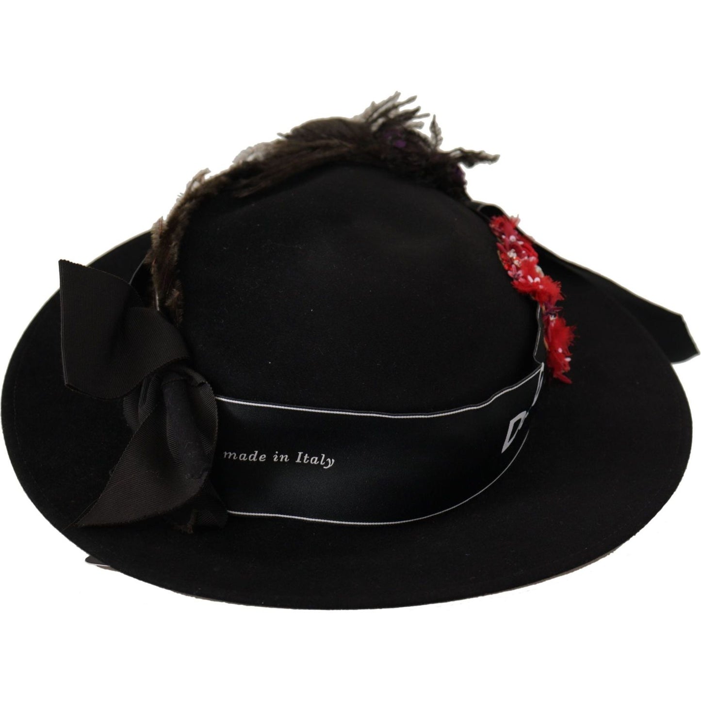 Dolce & Gabbana Elegant Wide Brim Black Hat black-lapil-crystal-heart-feather-brooch-fedora-hat