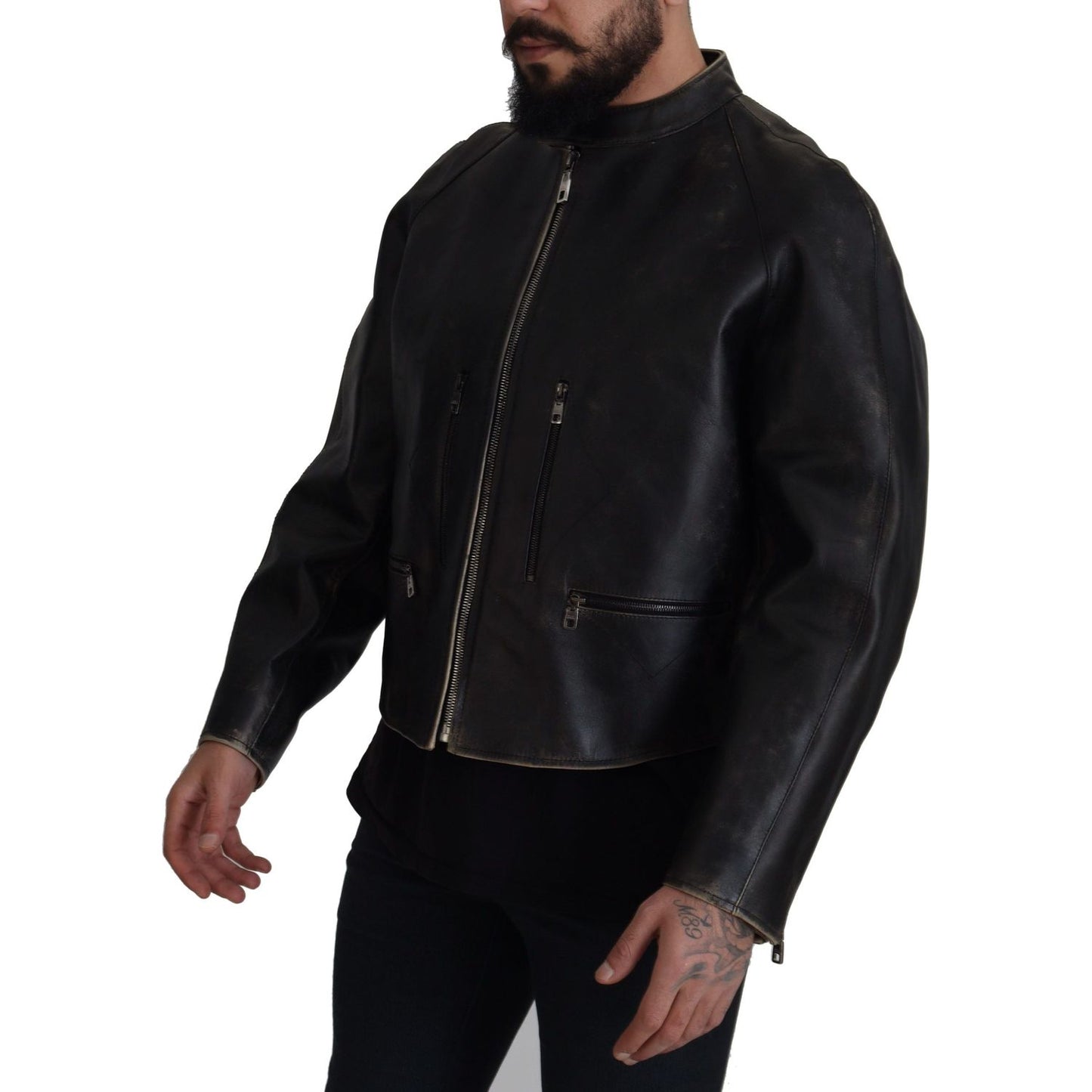 Dolce & Gabbana Elegant Black Leather Jacket with Silver Details black-leather-zipper-biker-coat-jacket