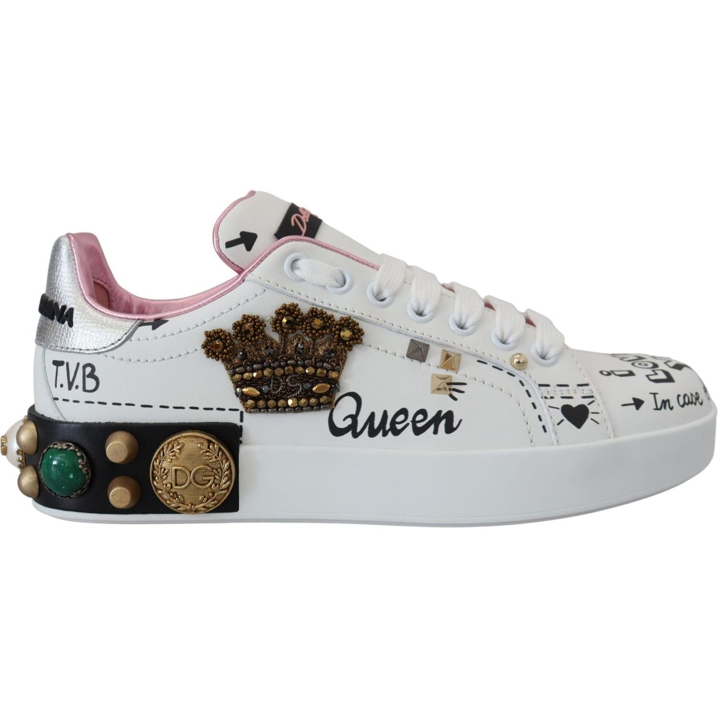 Dolce & Gabbana Queen Crown Chic Leather Sneakers white-leather-crystal-queen-crown-sneakers-shoes