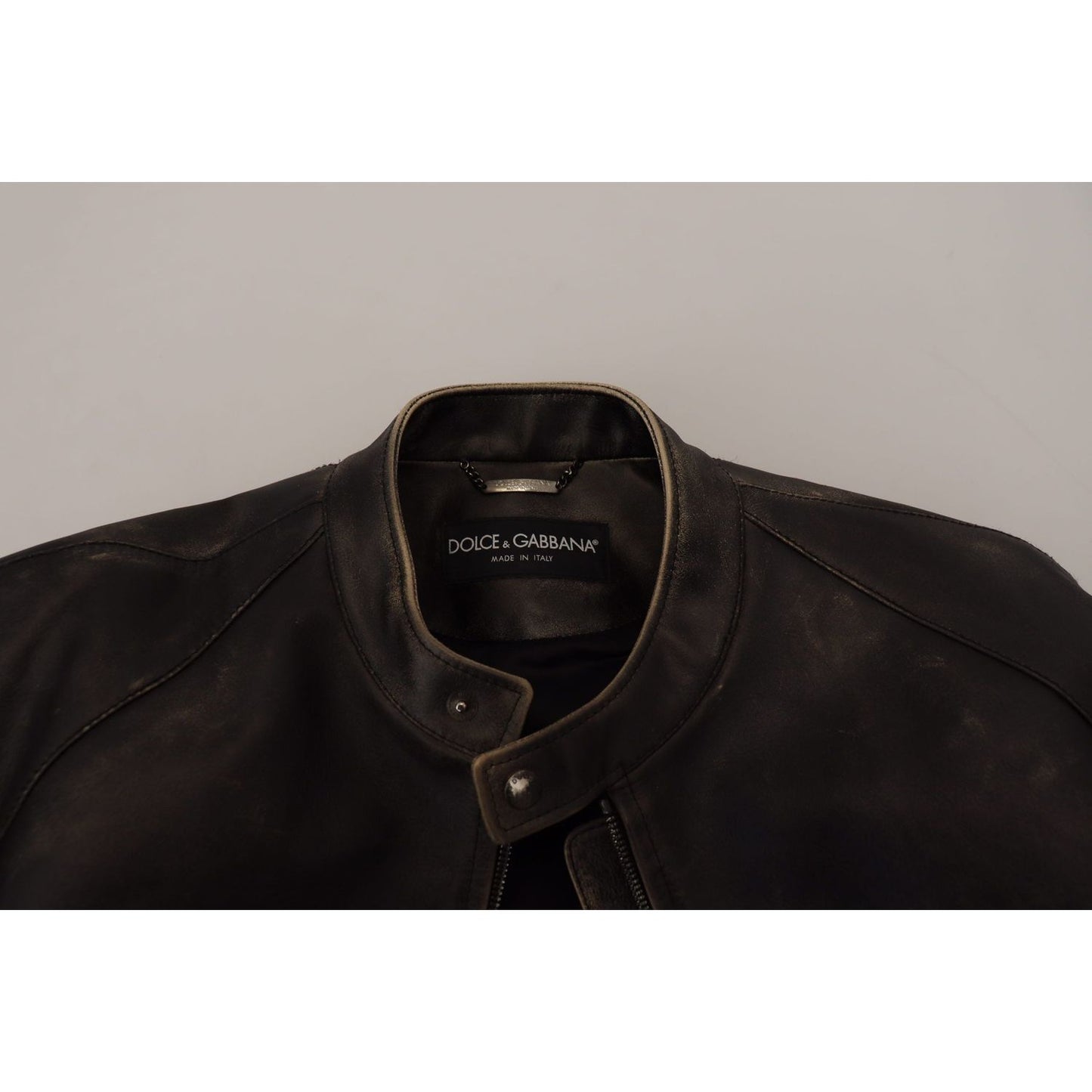 Dolce & Gabbana Elegant Black Leather Jacket with Silver Details black-leather-zipper-biker-coat-jacket