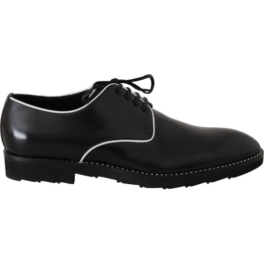 Dolce & Gabbana Elegant Black Leather Derby Dress Shoes black-leather-white-line-dress-derby-shoes