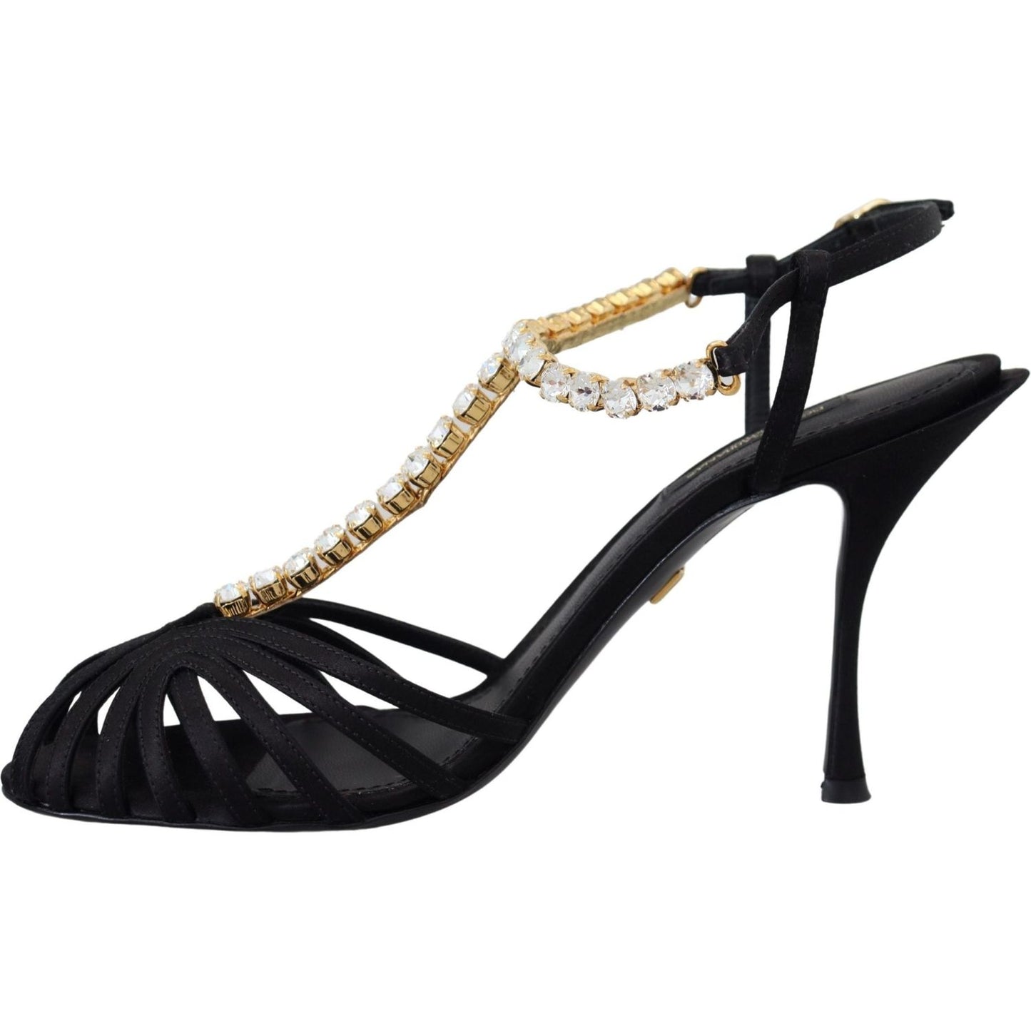Dolce & Gabbana Elegant Silk Blend Crystal T-Strap Heels black-satin-clear-crystal-t-strap-sandal-shoes