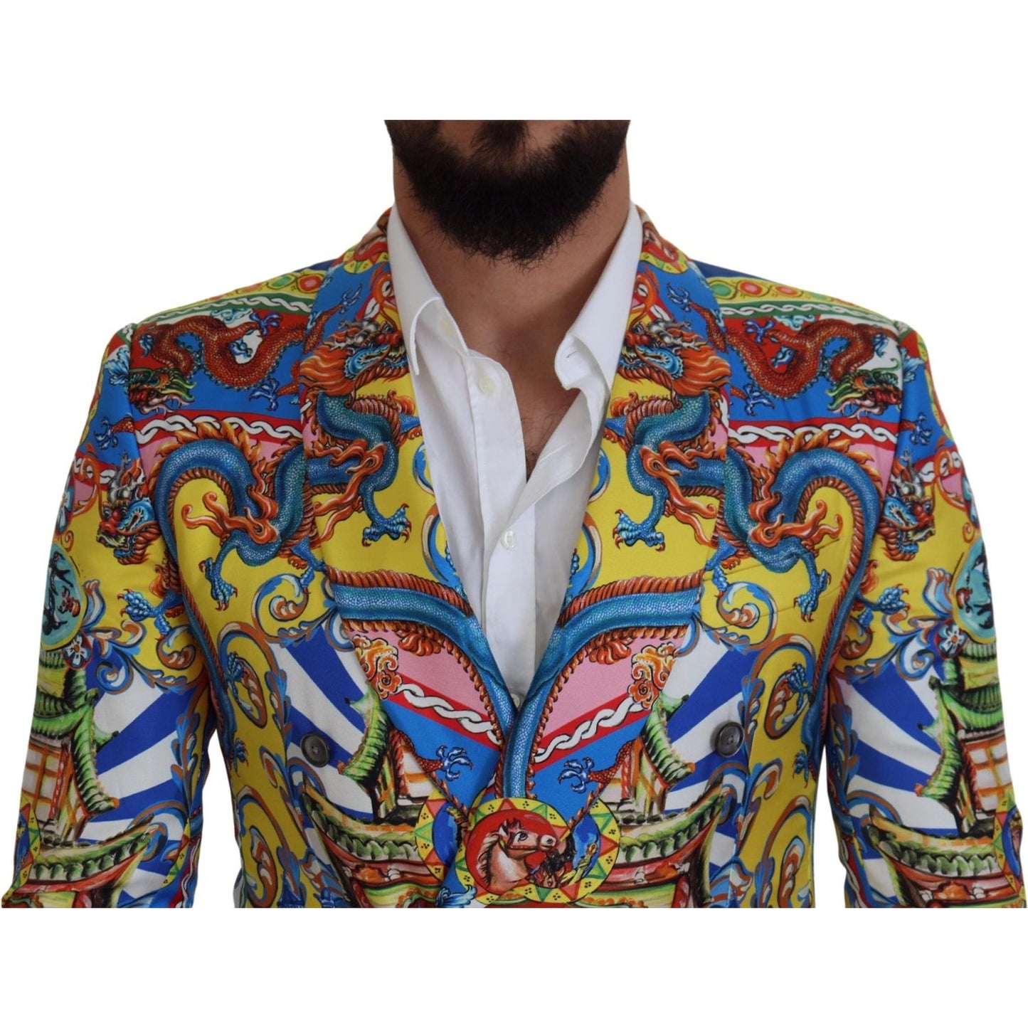 Dolce & Gabbana Elegant Silk Double-Breasted Dragon Blazer multicolor-dragon-print-silk-slim-fit-blazer