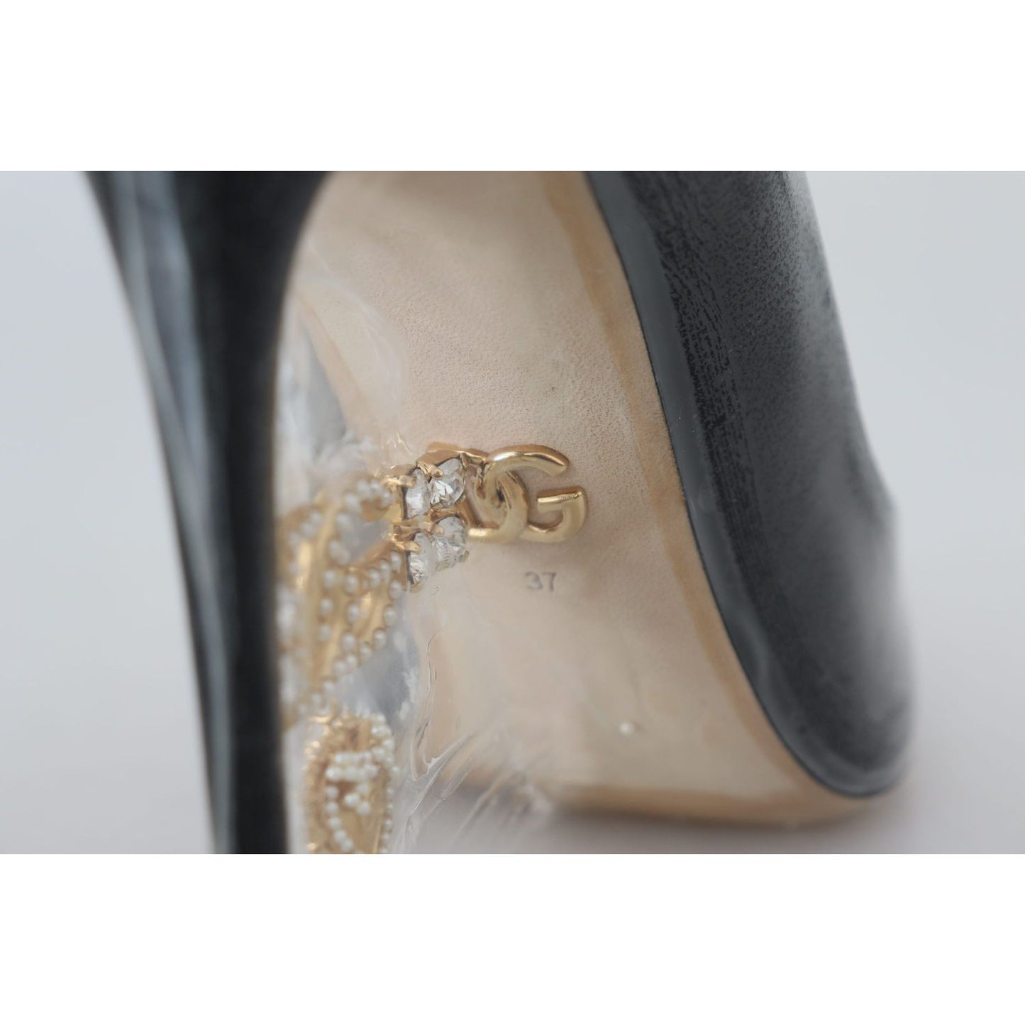 Dolce & Gabbana Elegant Black Gold Detail Heels Pumps black-leather-heels-pumps-plastic-wrapped-shoes