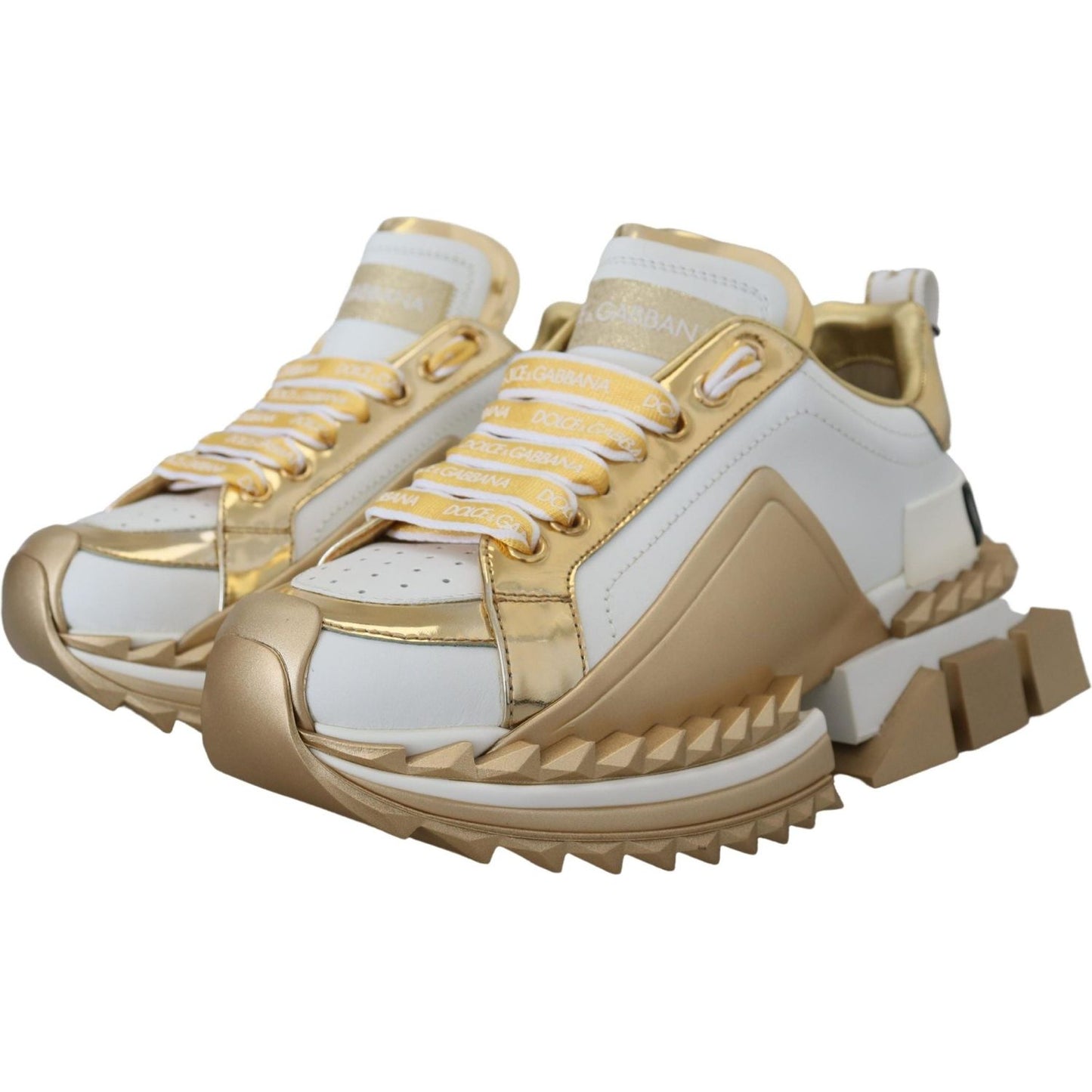 Dolce & Gabbana Elegant White and Gold Leather Sneakers white-and-gold-super-queen-leather-shoes