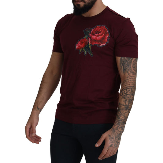 Dolce & Gabbana Elegant Bordeaux Roses Motif Crewneck Tee bordeaux-roses-cotton-crewneck-t-shirt