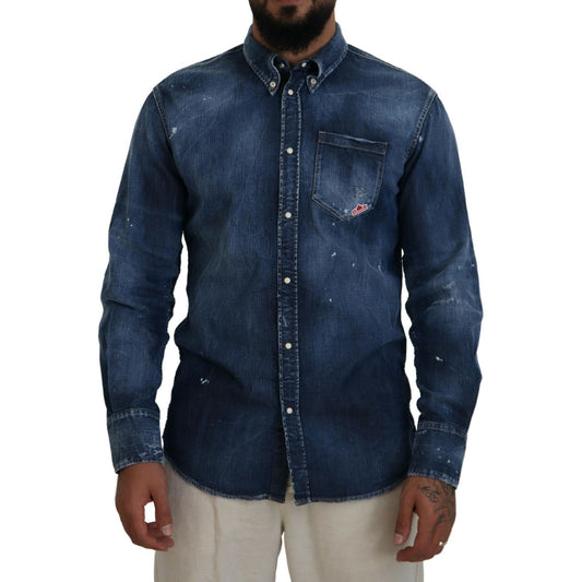 Dsquared² Blue Washed Collared Men Casual Long Sleeves Shirt blue-washed-collared-men-casual-long-sleeves-shirt