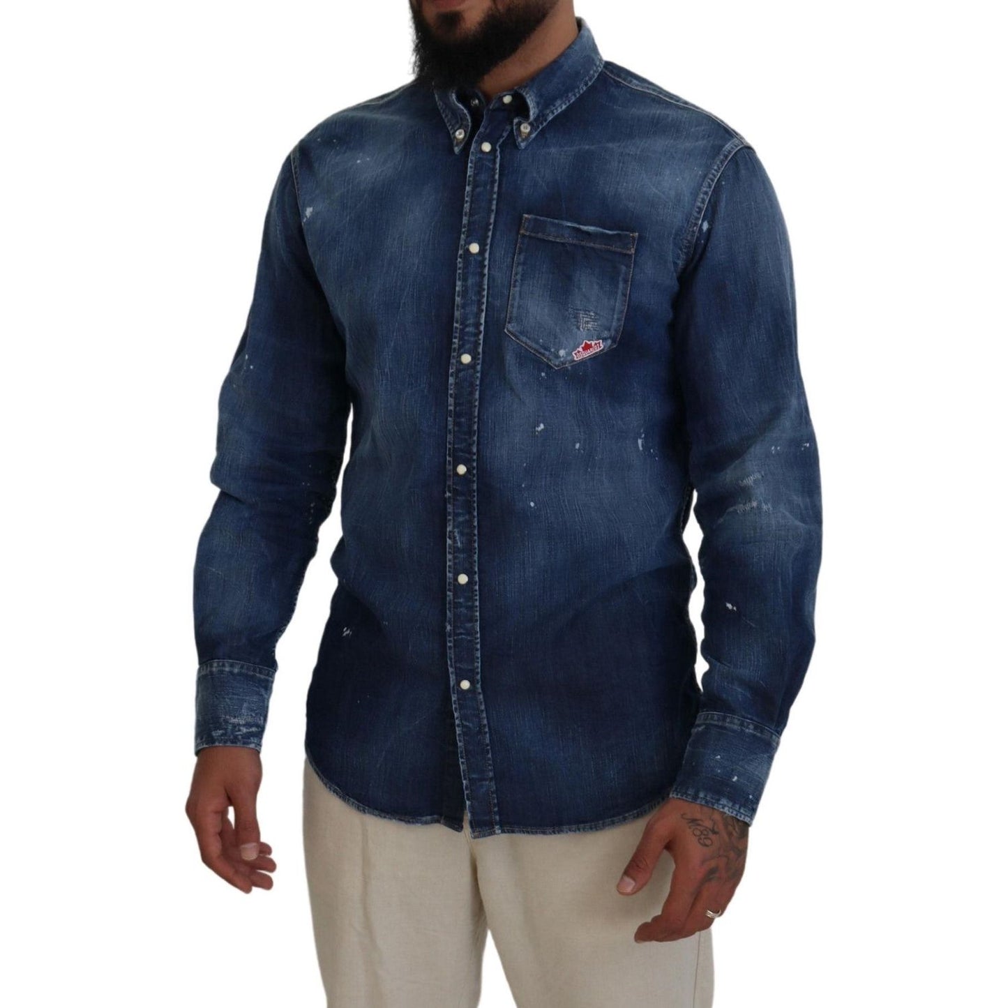 Dsquared² Blue Washed Collared Men Casual Long Sleeves Shirt blue-washed-collared-men-casual-long-sleeves-shirt