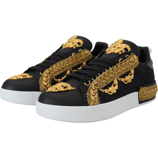 Dolce & Gabbana Elegant Portofino Leather Sneakers in Black black-gold-baroque-portofino-leather-sneakers-shoes