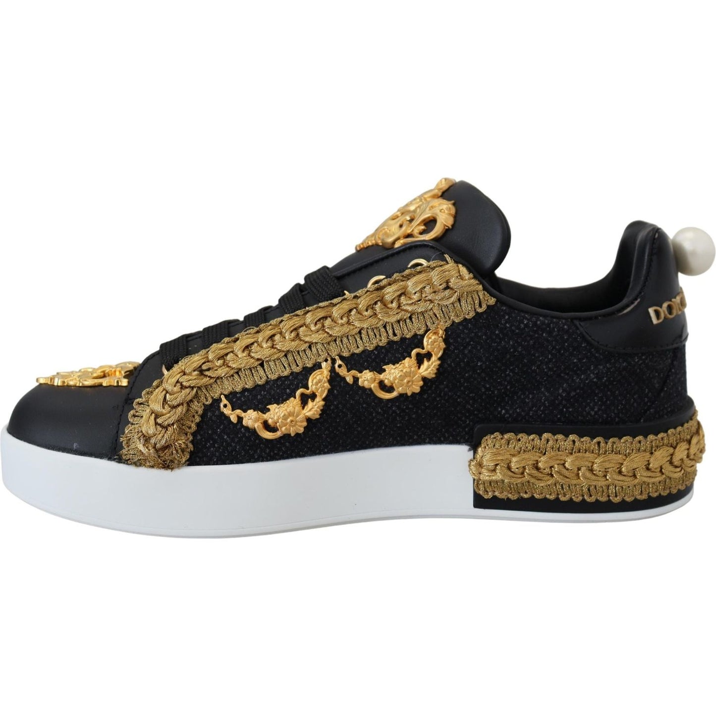 Dolce & Gabbana Elegant Portofino Leather Sneakers in Black black-gold-baroque-portofino-leather-sneakers-shoes