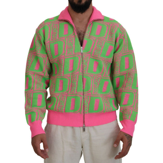 Pink Green Collared Long Sleeves Full Zip Sweater