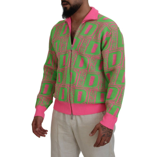 Pink Green Collared Long Sleeves Full Zip Sweater