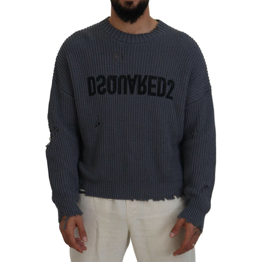 Gray Men Tattered Knitted Pullover Sweater