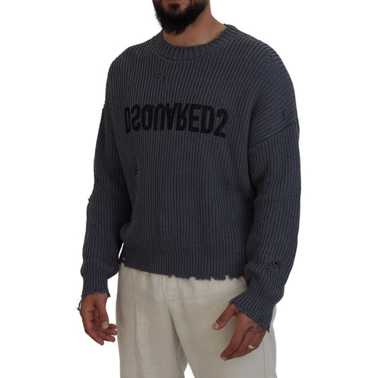 Gray Men Tattered Knitted Pullover Sweater