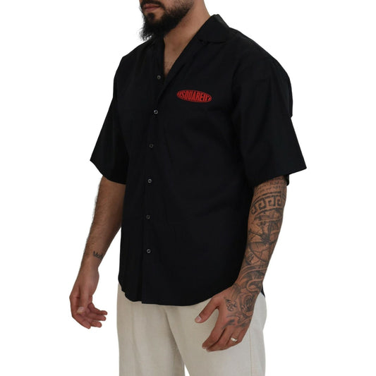 Black Cotton Collared Logo Print Short Sleeve Shirt