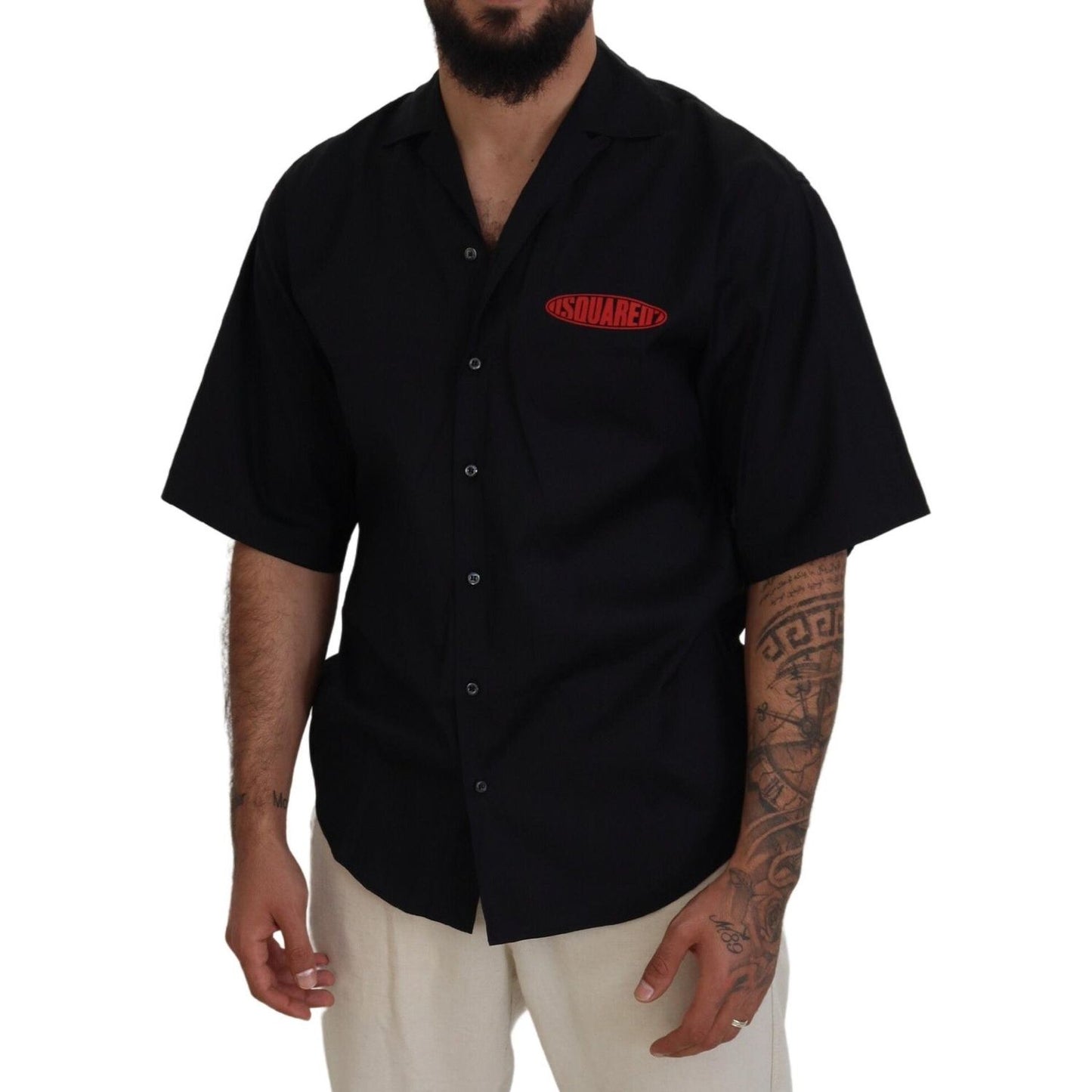 Dsquared² Black Cotton Collared Logo Print Short Sleeve Shirt black-cotton-collared-logo-print-short-sleeve-shirt