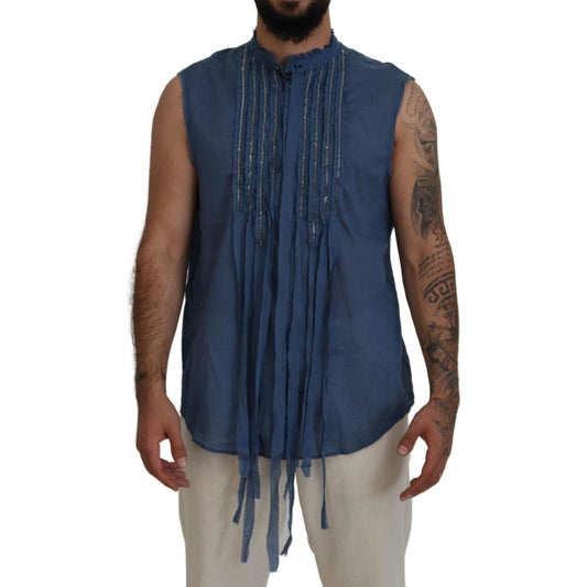 Blue Cotton Chain Embellishment Sleeveless Shirt