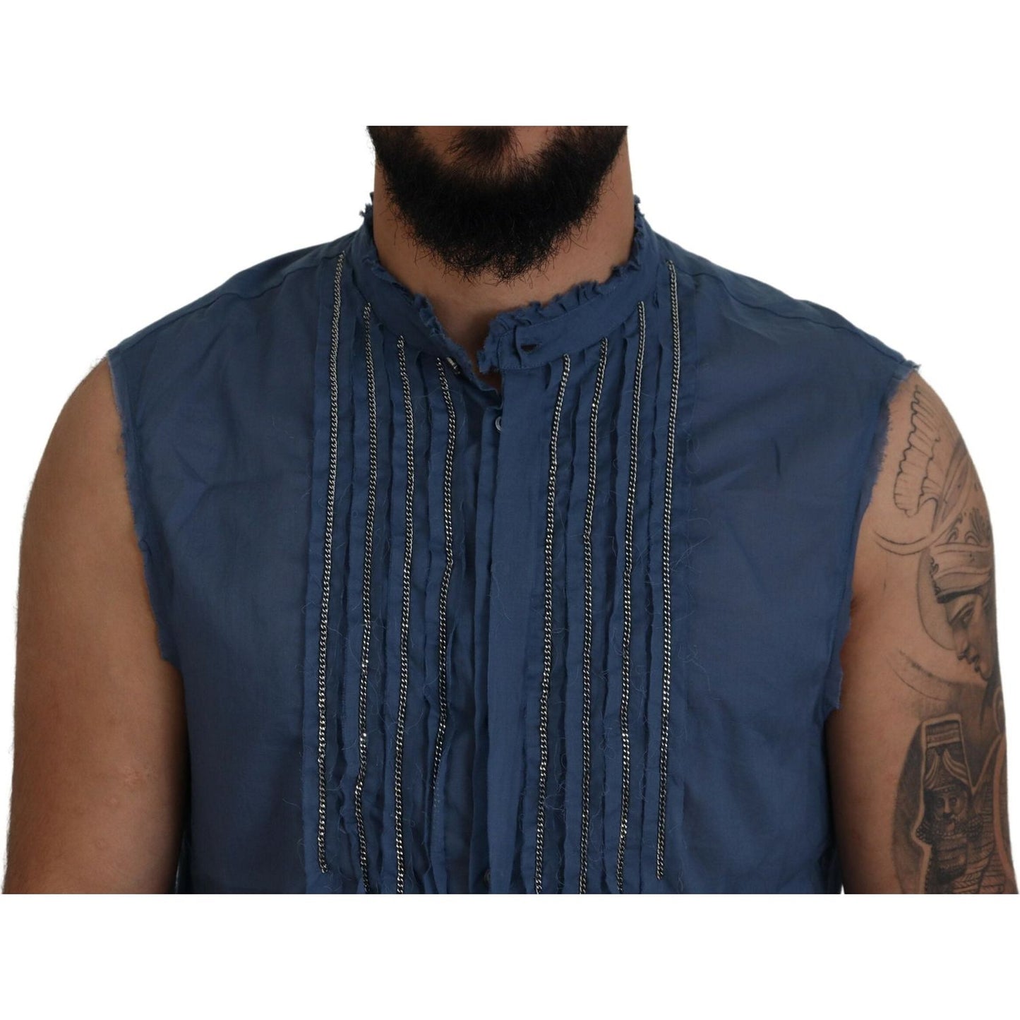 Dsquared² Blue Cotton Chain Embellishment Sleeveless Shirt blue-cotton-chain-embellishment-sleeveless-shirt