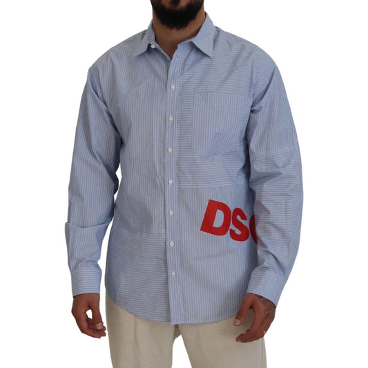 Dsquared² Blue Stripes Logo Print Long Sleeves Formal Shirt blue-stripes-logo-print-long-sleeves-formal-shirt