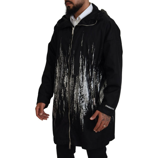 Dsquared² Black White Print Long Hooded Coat Nylon Jacket black-white-print-long-hooded-coat-nylon-jacket