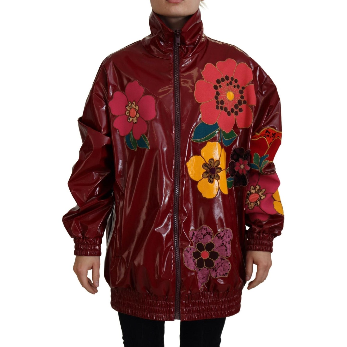 Dolce & Gabbana Maroon Floral Luxe Jacket maroon-floral-full-zip-polyester-women-jacket