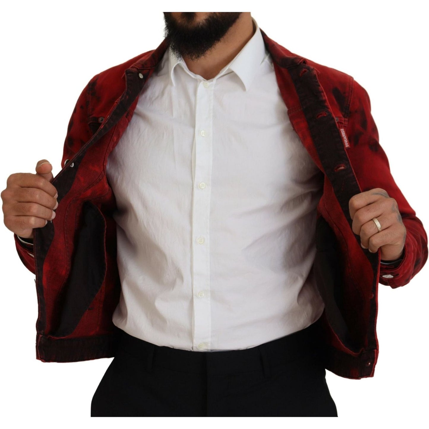 Dsquared² Red Black Tie Dye Collared Men Denim Jacket red-black-tie-dye-collared-men-denim-jacket