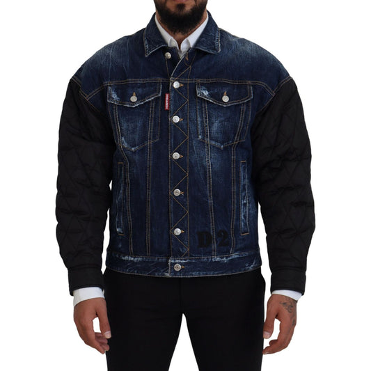 Blue Denim Black Sleeves Men Jacket Cotton Bomber