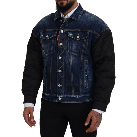 Blue Denim Black Sleeves Men Jacket Cotton Bomber