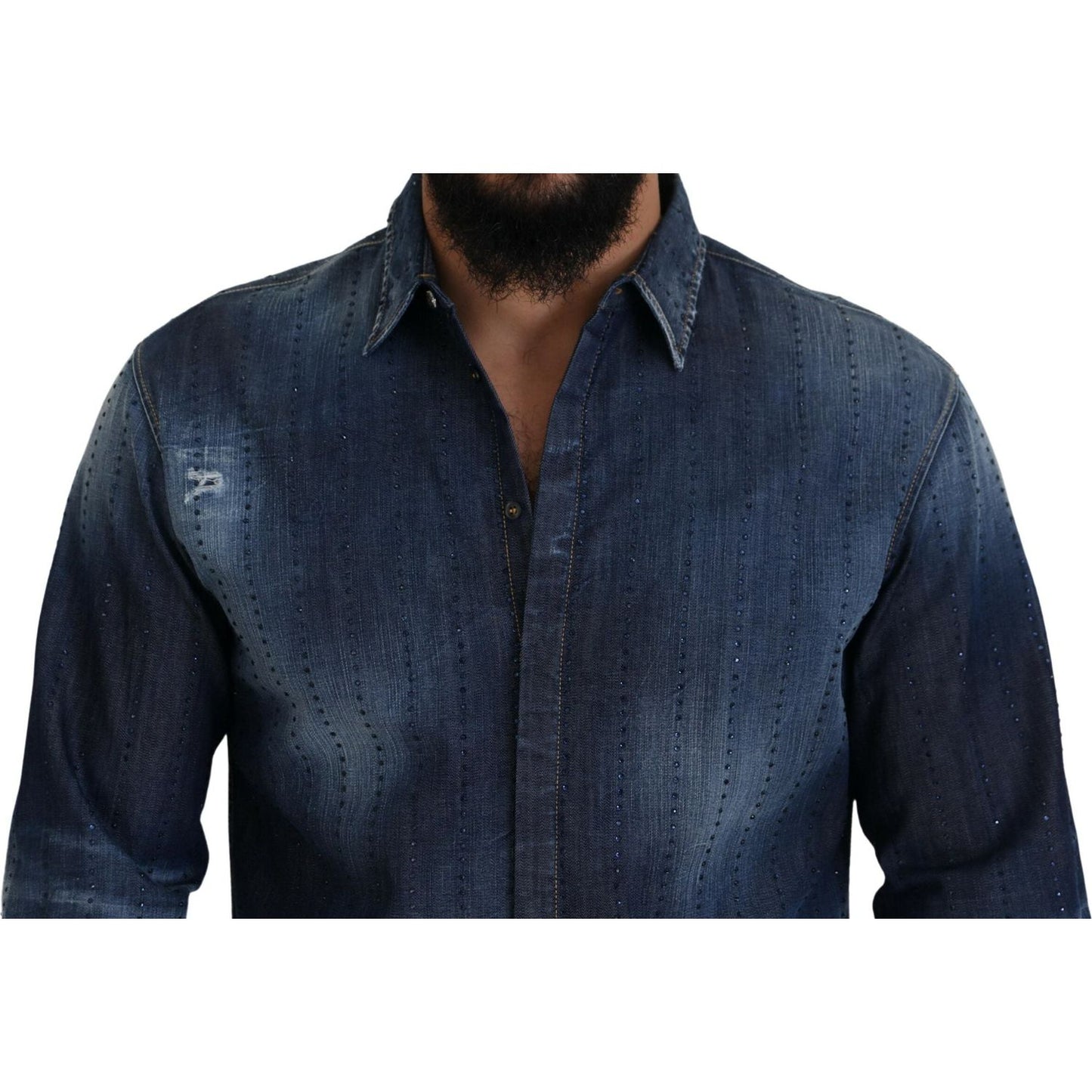 Dsquared² Blue Tattered Crystal Embellished Denim Shirt blue-tattered-crystal-embellished-denim-shirt