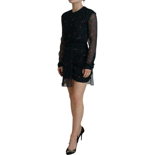 Black Floral Silk Long Sleeves Sheath Mini Dress