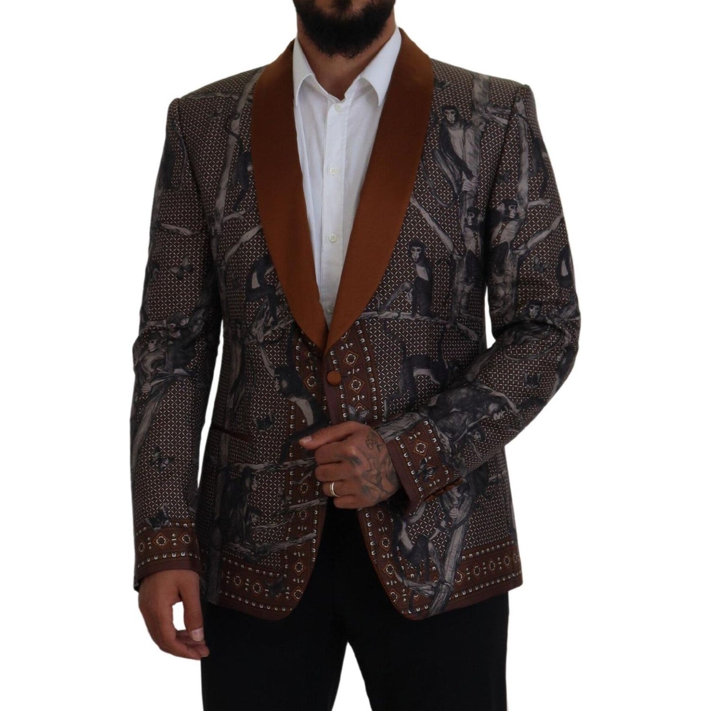 Dolce & Gabbana Elegant Bronze Brown Monkey Print Silk Blazer bronze-monkey-print-silk-slim-jacket-blazer