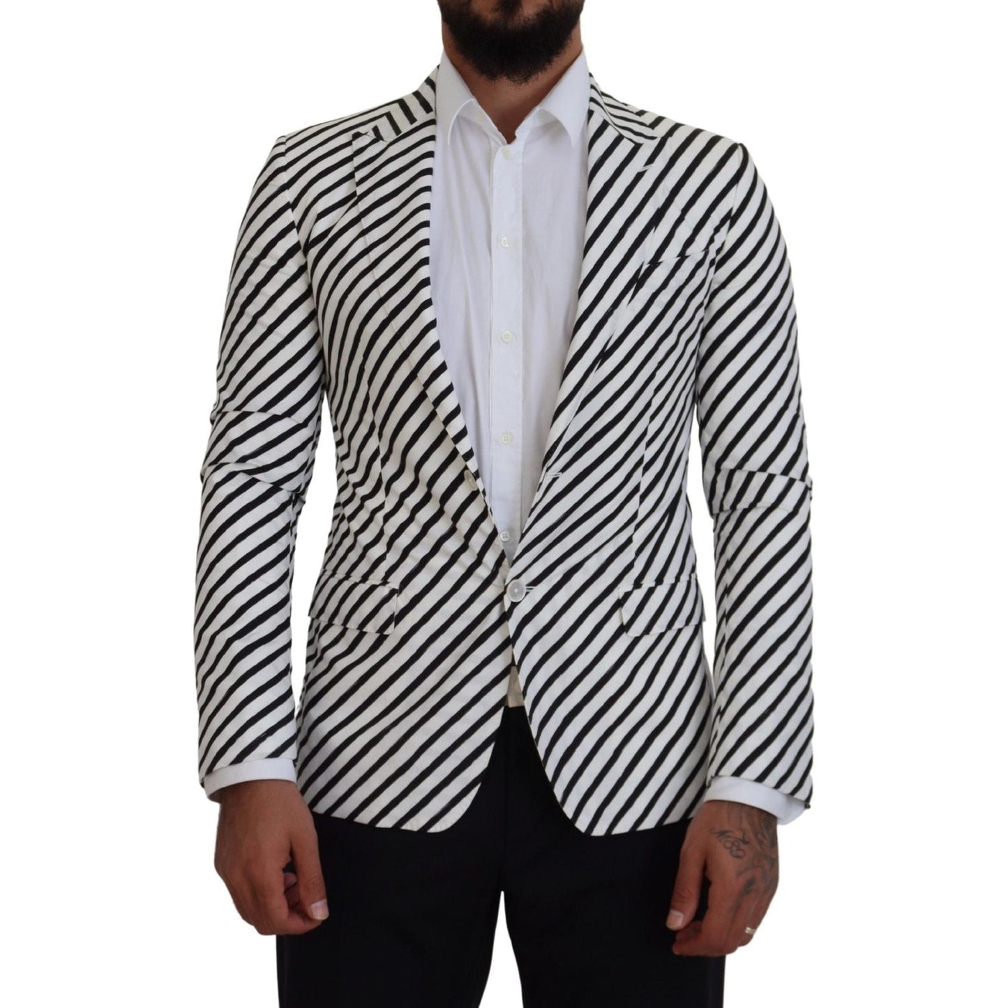 Dolce & Gabbana Elegant White Striped Single Breasted Blazer white-black-striped-slim-fit-jacket-blazer