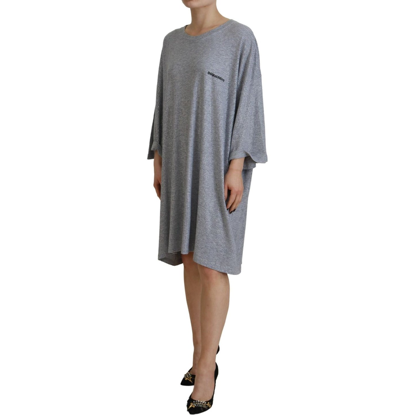 Dsquared² Gray Crystal Embellished Cotton Long Sleeves Dress gray-crystal-embellished-cotton-long-sleeves-dress