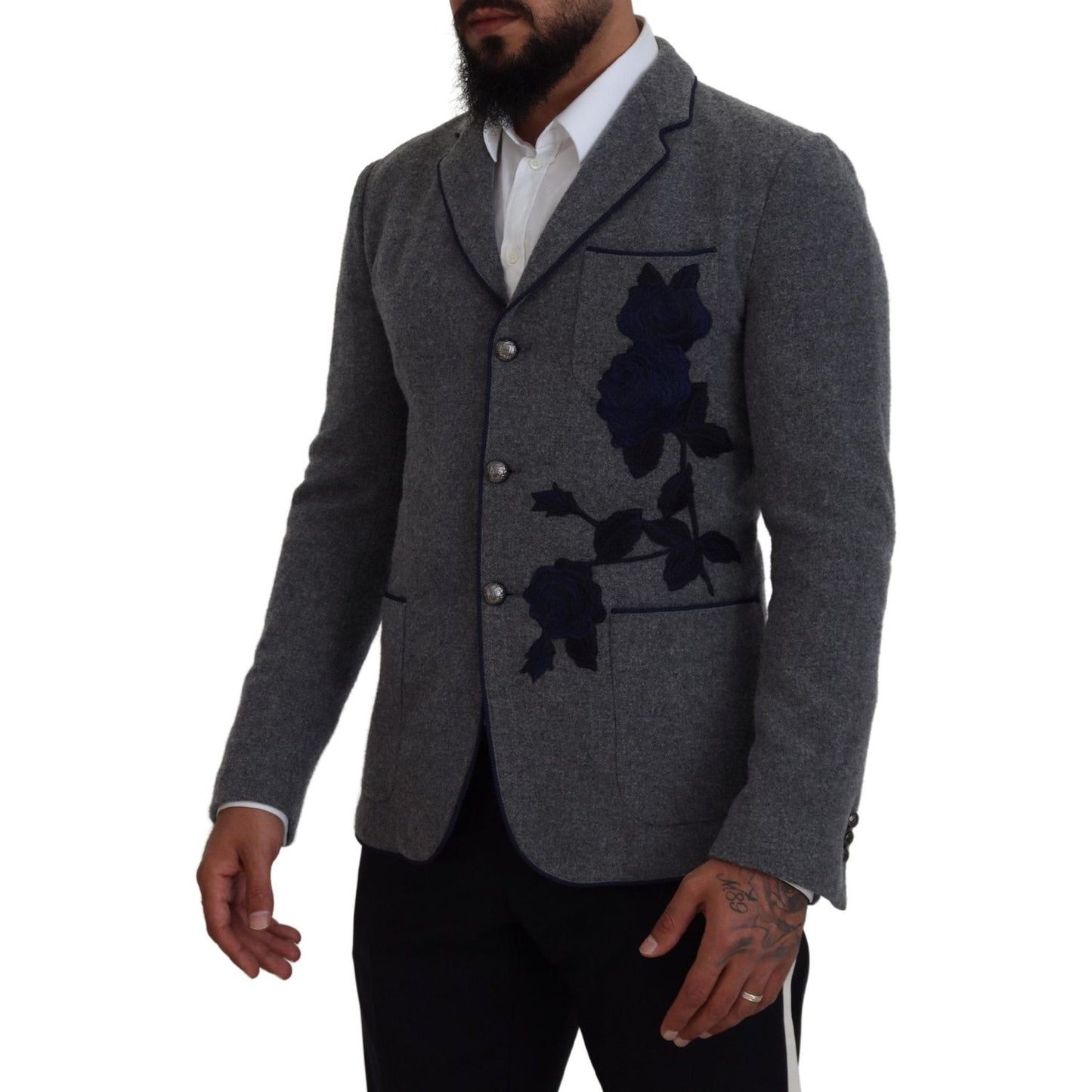 Dolce & Gabbana Elegant Gray Wool Blazer with Blue Rose Embroidery gray-wool-roses-slim-fit-jacket-blazer