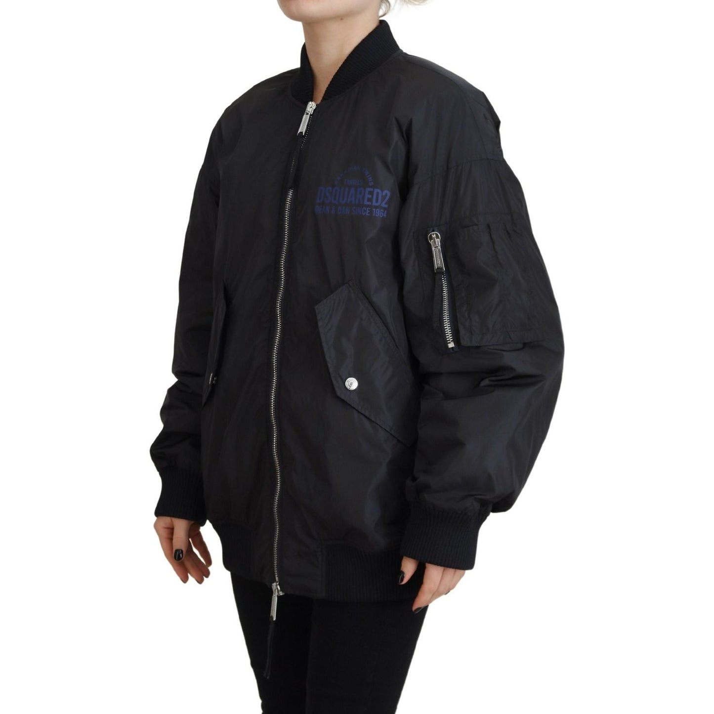 Dsquared² Black Logo Print Full Zip Women Bomber Jacket black-logo-print-full-zip-women-bomber-jacket
