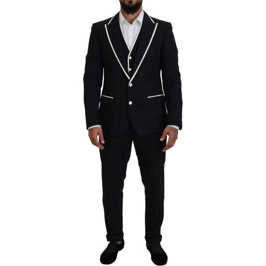 Dolce & Gabbana Elegant Black and White Slim Fit Three Piece Suit black-wool-white-silk-slim-fit-suit