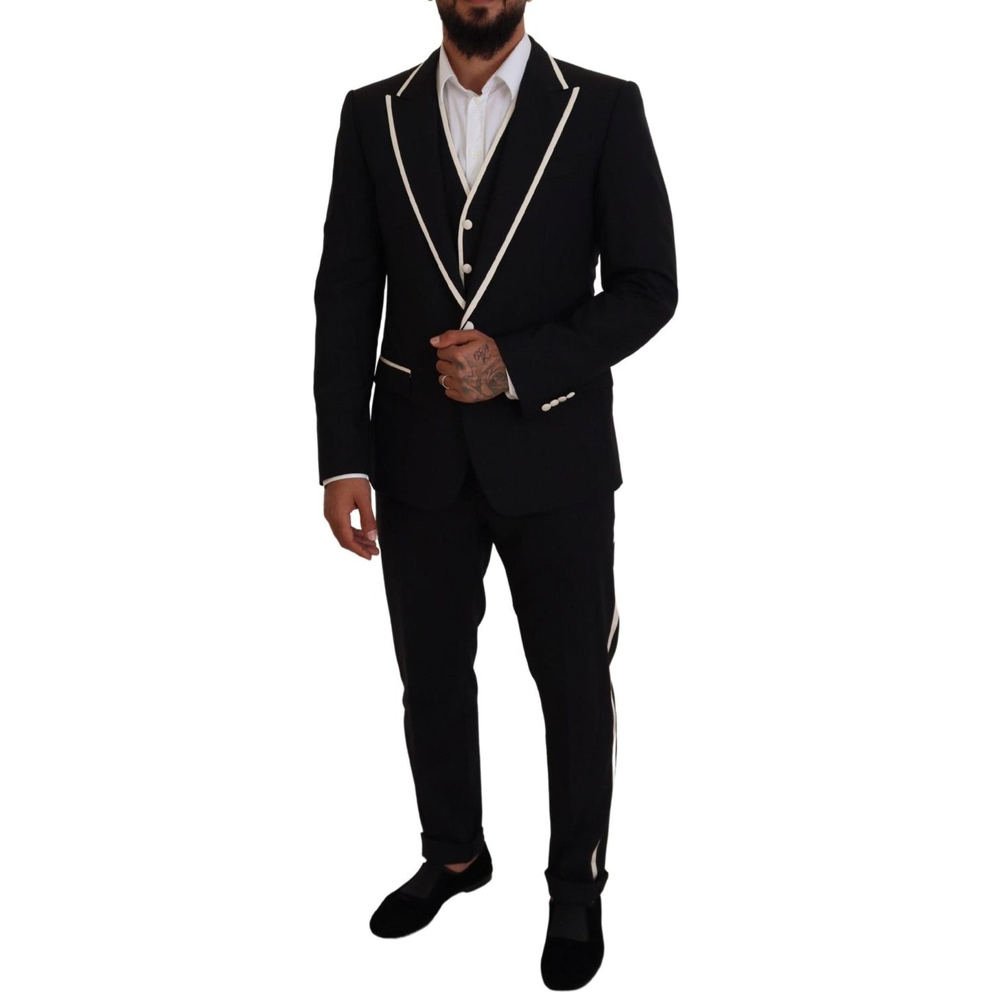 Dolce & Gabbana Elegant Black and White Slim Fit Three Piece Suit black-wool-white-silk-slim-fit-suit