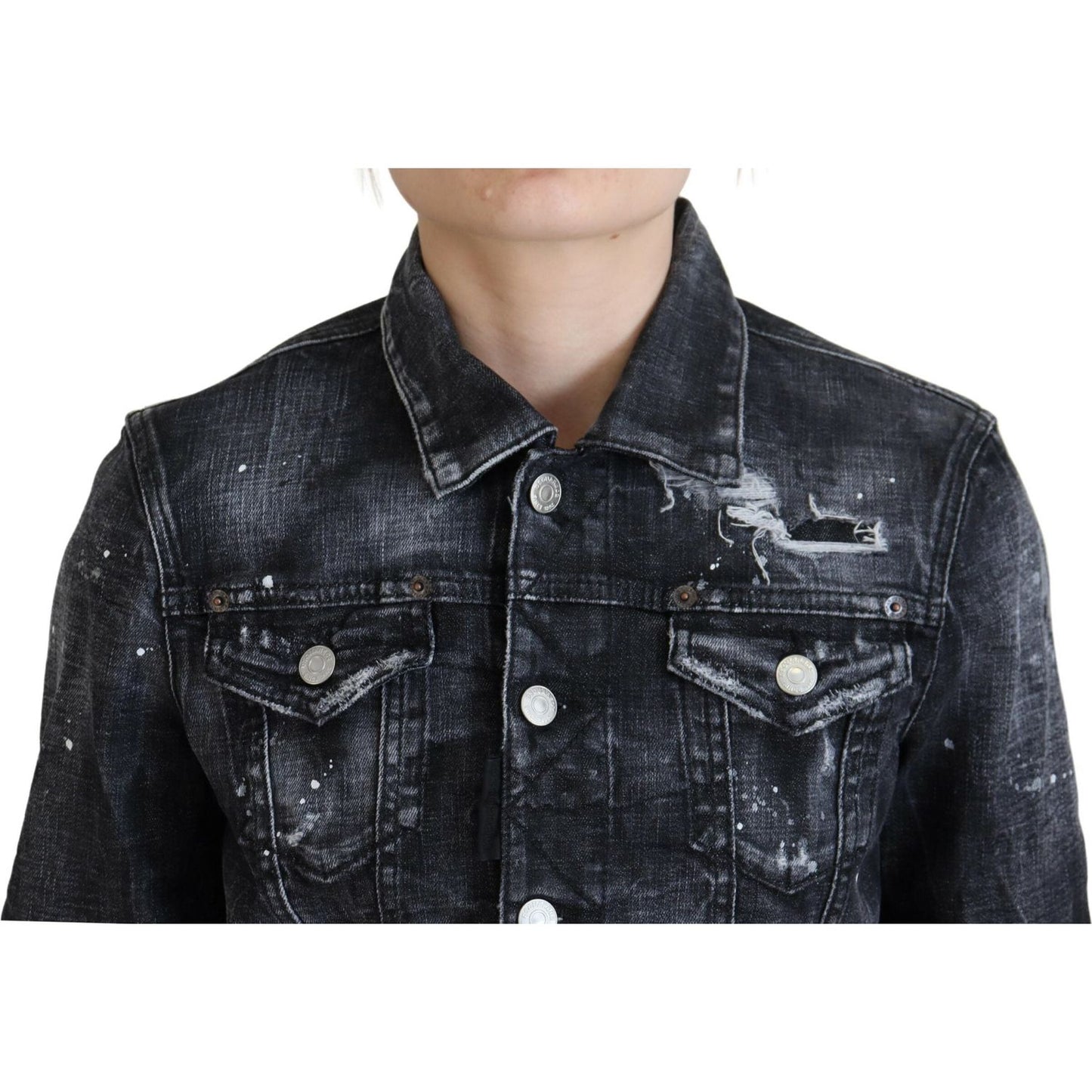 Dsquared² Gray Washed Cotton Distressed Denim Jacket gray-washed-cotton-distressed-denim-jacket